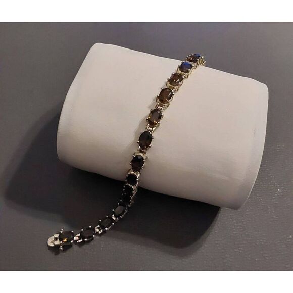 Gorgeous 20 Carat Oval Cut Genuine Smokey Topaz Gemstone Tennis Bracelet~925SS - Picture 1 of 4